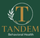 Logo for Tandem Behavioral Health featuring a large gold T inside a white circle with green leaves and gold accents, above the words TANDEM Behavioral Health on a dark green background.