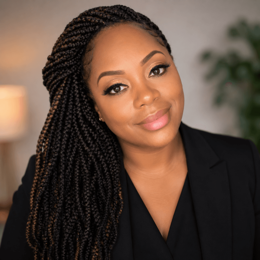 devonne dixon A woman with long, braided hair and natural makeup smiles gently while wearing a black blazer, posing in a warmly lit indoor setting often favored by substance abuse professionals, with a blurred background and green plant.