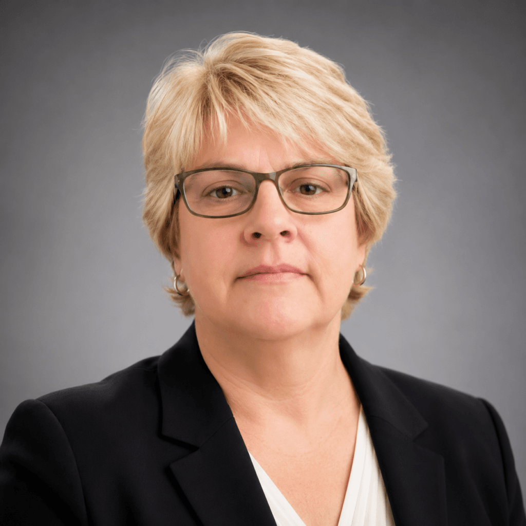 nancy A woman with short blonde hair and green-rimmed glasses, who could be one of many substance abuse professionals, is wearing a black blazer over a white top. She poses against a plain gray background with a neutral expression and small hoop earrings.