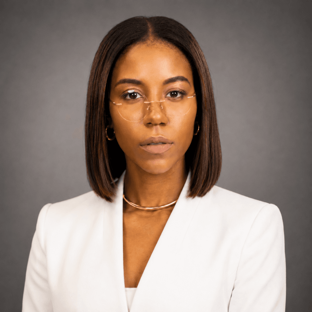 shea A woman with straight shoulder-length hair, wearing glasses, gold hoop earrings, a gold necklace, and a white blazer, poses against a plain gray background with the poised confidence often seen in substance abuse professionals.